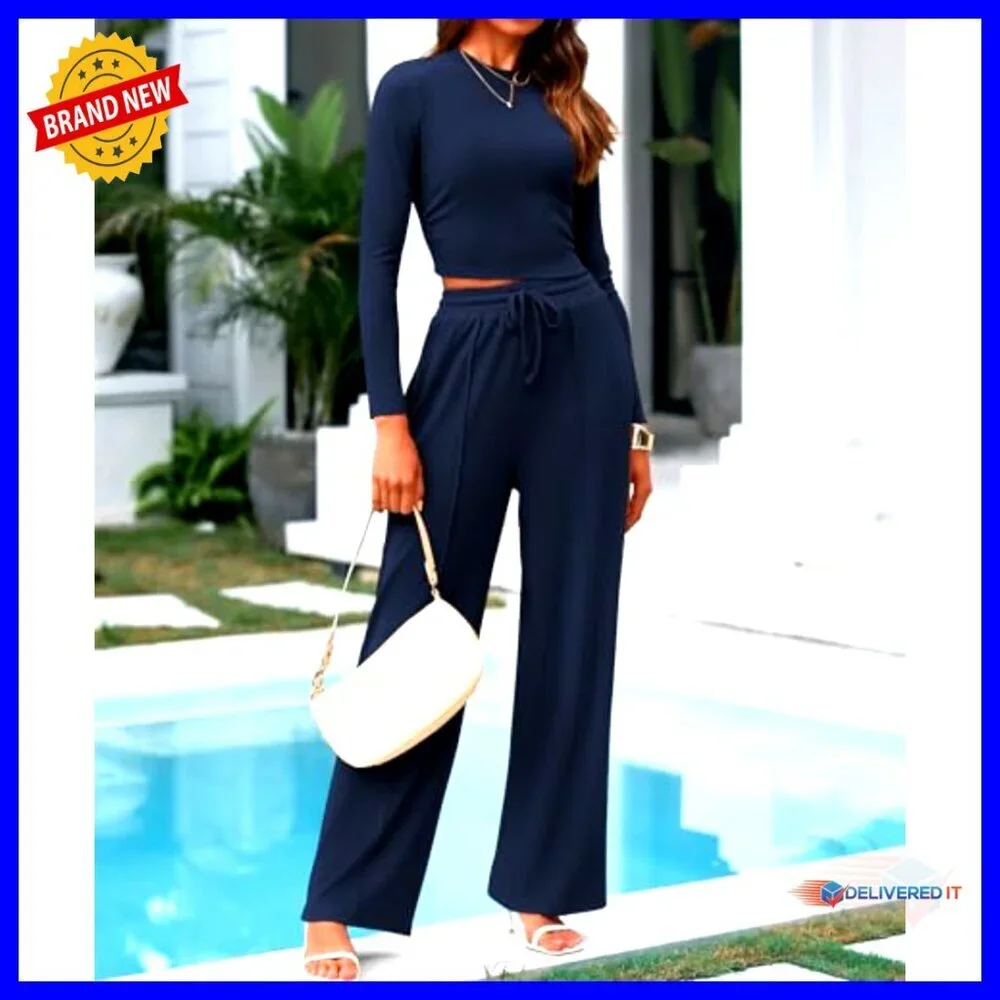 Long Sleeve Crop Top & Wide Leg Pants Matching Lounge Set Size Small